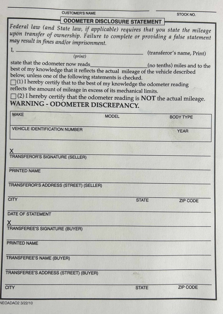 ODOMETER DISCLOSURE -LEASE